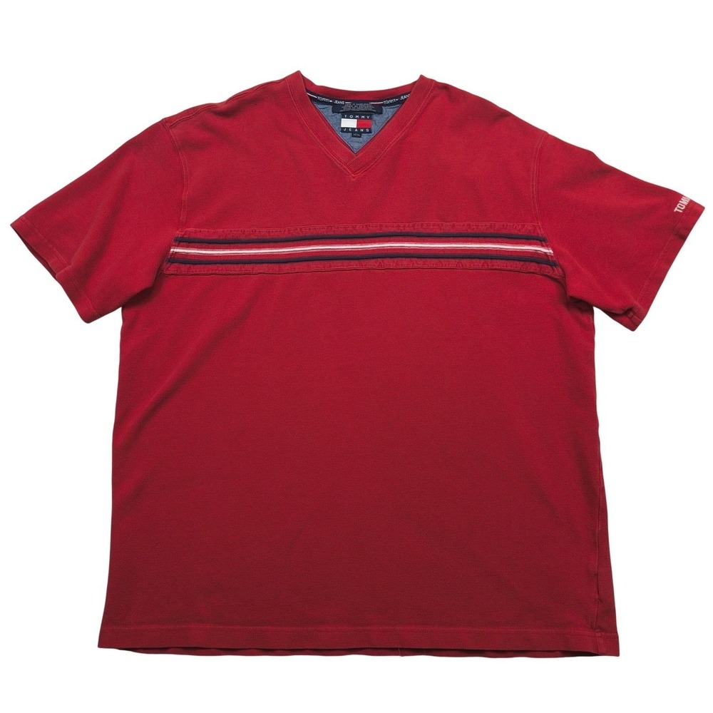 Tommy Jeans Mens‎ XL Red V-Neck Short Sleeve T-Shirt Vintage 2003 Striped Chest